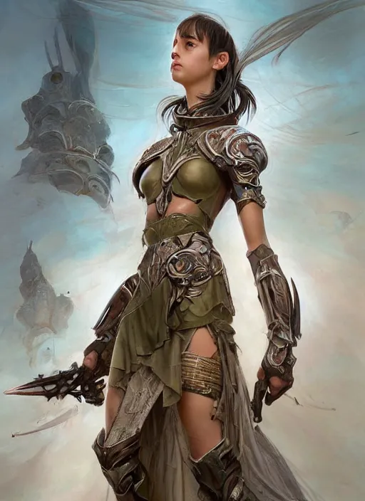 Image similar to a professional portrait of a beautiful young female, clothed in ethereal battle armor, olive skin, long dark hair, beautiful bone structure, symmetrical facial features, intricate, elegant, digital painting, concept art, smooth, sharp focus, finely detailed, illustration, from Valerian and the City of a Thousand Planets, in the style of Ruan Jia and Mandy Jurgens and Artgerm and Greg Rutkowski and William-Adolphe Bouguerea