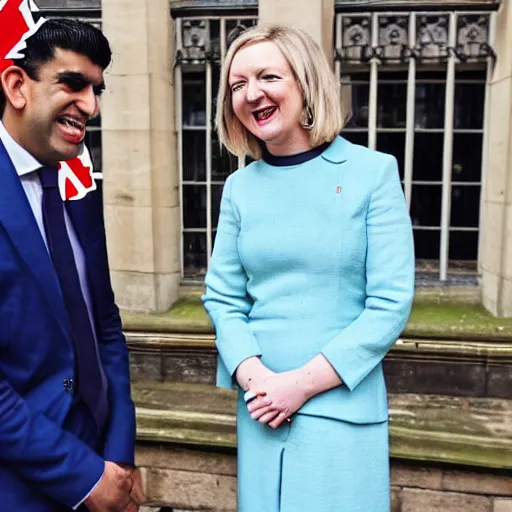 Image similar to Liz truss and Rishi sunak at parliament laughing with the devil. A demon joined the conservatives in parliament. Daily Telegraph.