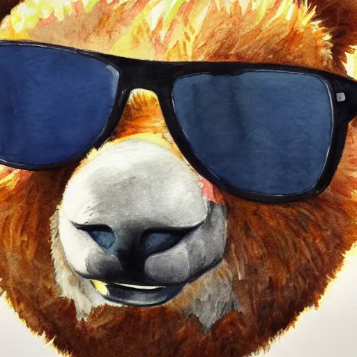 Prompt: Portrait of a Teddy Bear wearing sunglasses, Watercolor, photorealistic, high resolution, award winning, trending on artstation, highly detailed