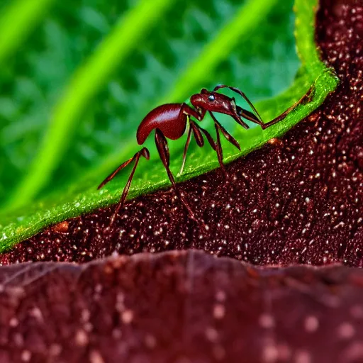 Prompt: cybernetic ant on a green leaf, macro photography, 8 k, cinematic lighting, shallow depth of field,