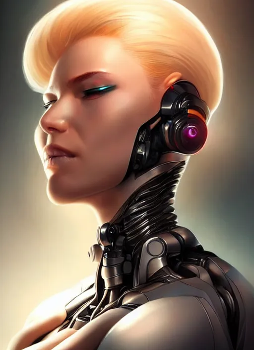 Image similar to portrait of a cyborg woman who turns her head to the (((((right))))) left by Artgerm,eyes closed , biomechanical, hyper detailled, trending on artstation