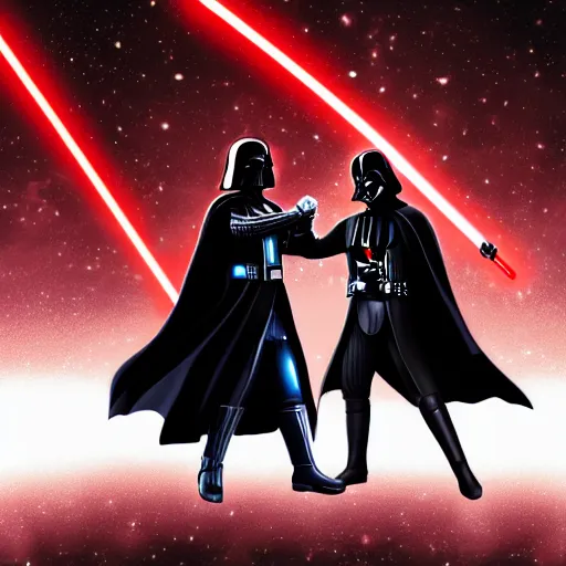 Prompt: Darth Vader and Palpatine fistbumping into an galaxy explosion digital art