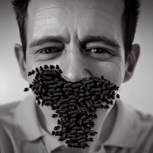 Prompt: photograph of bees crawling out of a smiling mans mouth, 8k resolution, high detail, ULTRA REALISTIC VFX, reflections