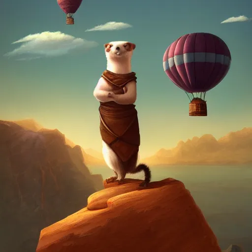 Prompt: a ferret standing on top of a rock in front of a hot air balloon, a digital painting by andrei kolkoutine, deviantart contest winner, fantasy art, storybook illustration, 2 d game art, digital illustration