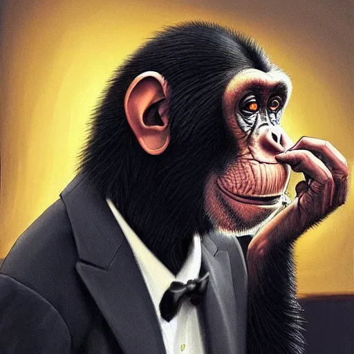 Image similar to a chimp wearing a suit smoking a cigar, dramatic lighting, cinematic, establishing shot, extremly high detail, photorealistic, cinematic lighting, artstation, style by James Gurney