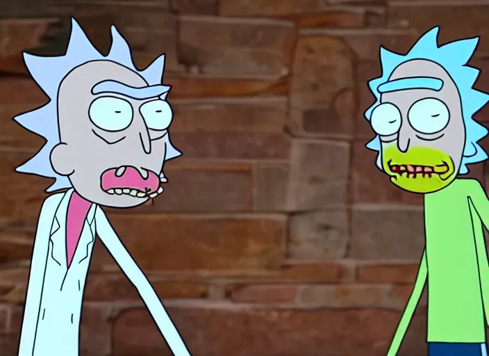 Image similar to portrait photo still of real life rick and morty, 8 k, 8 5 mm, f. 1 4