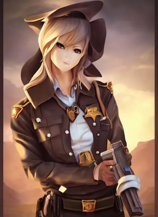 Prompt: full size persona, female sheriff, global lighting, detail, ultra sharpness, beautiful female, detailed face, art by huyy nguyen, by anime style