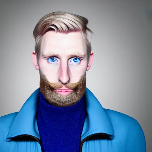 Image similar to A gangly british man, with short blond hair and short blond beard wearing a blue jacket and brown turtleneck , blue eyes, pale skin, English heritage, digital art, cartoon, mid-shot, 8k