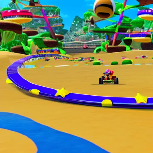 Image similar to A Mario Kart Double Dash Custom Track on princess peach beach volleyball course. gamecube graphics.