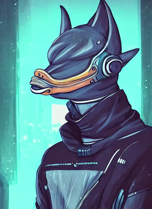 Image similar to beautiful portrait commission of a male furry anthro dolphin-headed fursona with a fin wearing cyberpunk clothes. Cyberpunk city at night