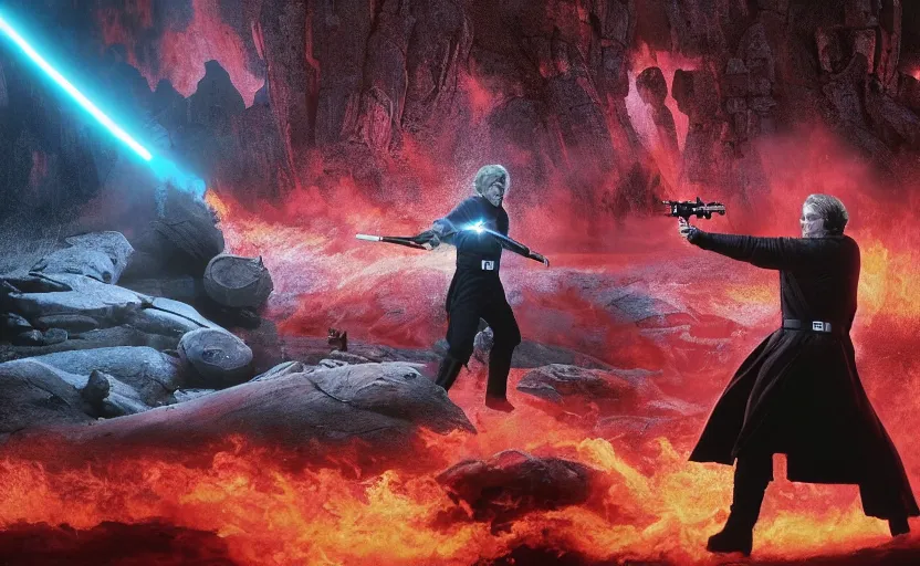 Prompt: screenshot of Luke Skywalker battling the ghost of Emporer Palpatine, with scattered ruins of a fiery pink forest, iconic scene from 1970s film by Stanley Kubrick, rise of skywalker, 4k HD, cinematic lighting, beautiful portrait of Mark Hammill, moody scene, stunning cinematography, anamorphic lenses, kodak color film stock, fire reak real life, ultra realistic, movie still