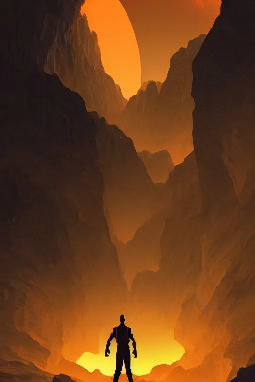 Prompt: giant stone monk statue in spaces, spaceships flying around, canyon, orange nebula, dramatic lighting, artstation, matte painting, ralph mcquarrie