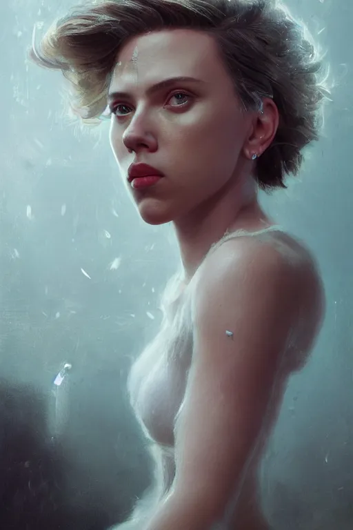 Image similar to a fancy portrait of a Scarlett Johansson as half human half robot by Greg Rutkowski, Sung Choi, Mitchell Mohrhauser, Maciej Kuciara, Johnson Ting, Maxim Verehin, Peter Konig, final fantasy , mythical, 8k photorealistic, cinematic lighting, HD, high details, atmospheric,