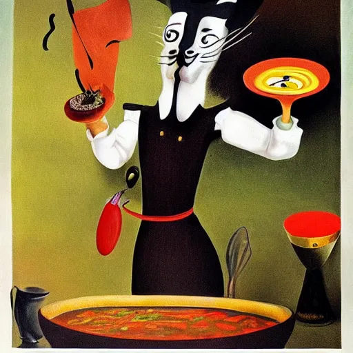 Image similar to anthropomorphic cat chef cooking a delicious colorful soup, by Salvador Dali