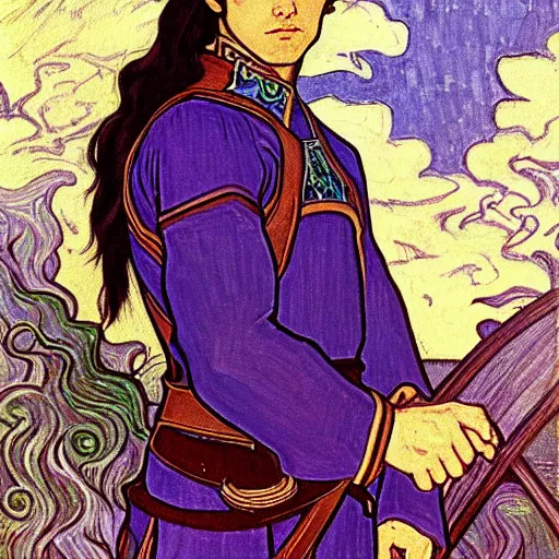 Image similar to painting of young handsome beautiful paladin elf!! man with long! wavy dark hair in his 2 0 s named taehyung minjun at the blueberry party, wearing armor!, long hair, elf ears, elegant, clear, painting, stylized, delicate, soft facial features, art, art by alphonse mucha, vincent van gogh, egon schiele,