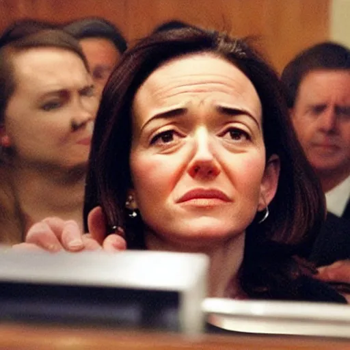 Prompt: Movie still of Sheryl Sandberg crying in front of Congress, from Facebook The Movie (2007), directed by Steven Spielberg