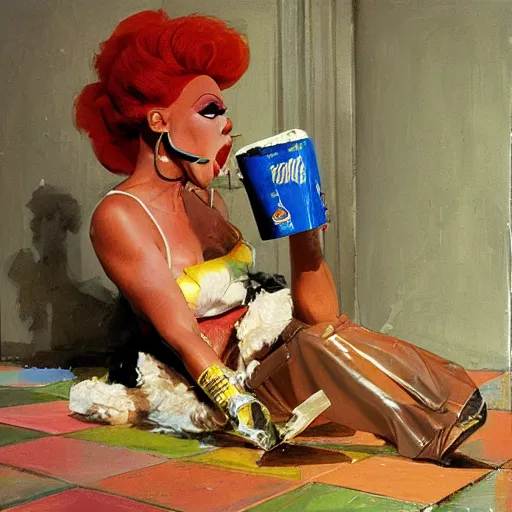 Prompt: drag queen licks the powder, lies on the parquet by john berkey