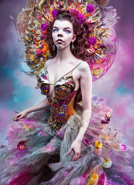 Image similar to expressive full body photo of anya taylor - joy, dress made of sweets and candies, glamour shot, by karol bak, stefan gesell, photorealistic, nikon d 4 x, fashion photography, hyper maximalist, elegant, ornate, luxury, elite, environmental portrait, symmetrical features, octane render, unreal engine, solid dark grey background, dramatic lights