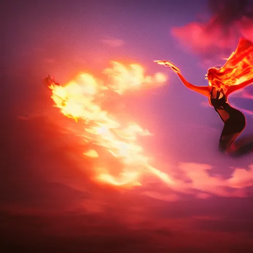 Image similar to realistic cinematic photo of phoenix girl in flames flying in the sky