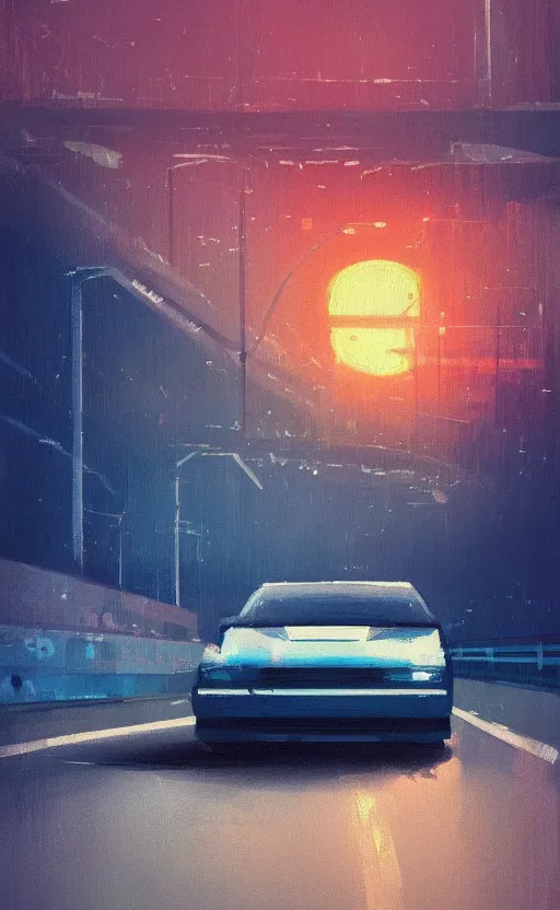 Image similar to a beautiful illustration of a car parket near a highway at sunset, art of alena aenami, featured on artstation, vertical orientation, paint brush strokes, expressionism, brushstroke - laden