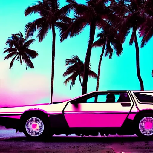 Image similar to miami beach sunset vapor wave palm trees 80s synth retrowave delorean decal car wide shot epic post apocalyptic landscape miami nuke fire craters end of the world