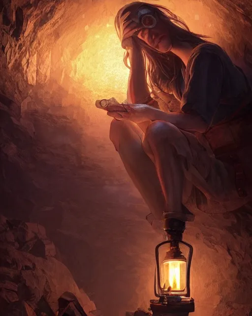 Prompt: a beautiful coalminer woman in a mine lit by kerosene lamps, pioneer work, ambient cave lighting, detailed face, by makoto shinkai, stanley artgerm lau, wlop, rossdraws