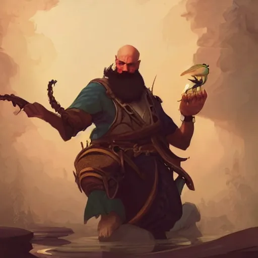 Image similar to wow! fanart young black bearded and bald man with a fish in his hand, d & d, high fantasy, detailed, digital art, artstation, smooth, sharp focus, art by artgerm, greg rutkowski, alphonse mucha