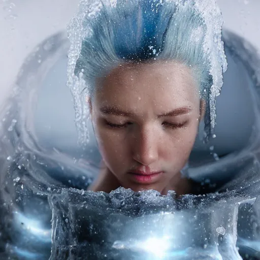 Image similar to futuristic female soldier eyes closed partly submerged in highly viscous clear fluid, frost particles, ice needles, cold blue light, complex hyperdetailed technical suit. white hair flowing. reflection. rays and dispersion of light. volumetric light. 5 0 mm, f / 3 2. noise film photo. ultra realistic, wide angle.