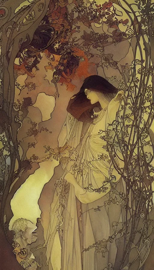 Image similar to life and death mixing together, by alfons maria mucha