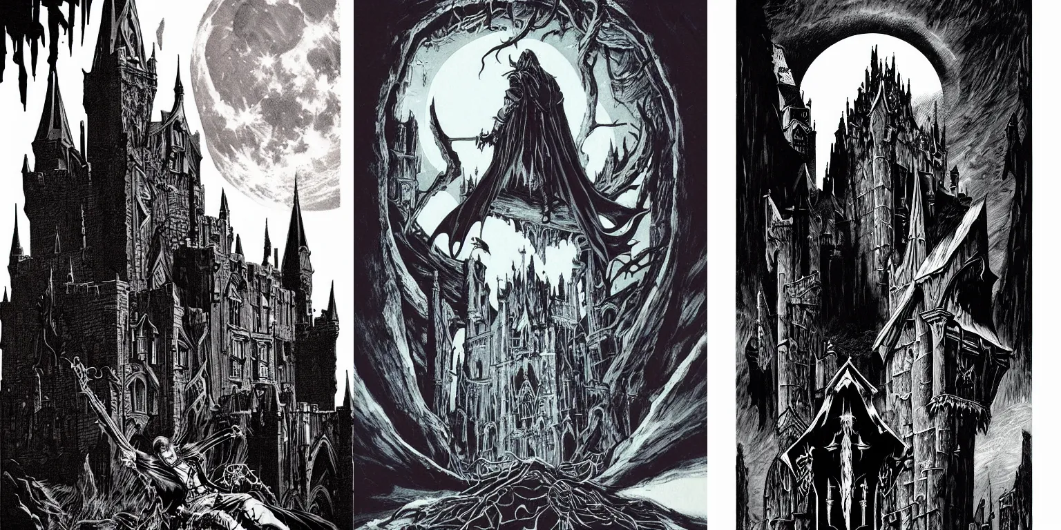 Prompt: Castlevania poster by bernie wrightson, vampire, full moon, Drcula's castle, gothic, night time, horror,