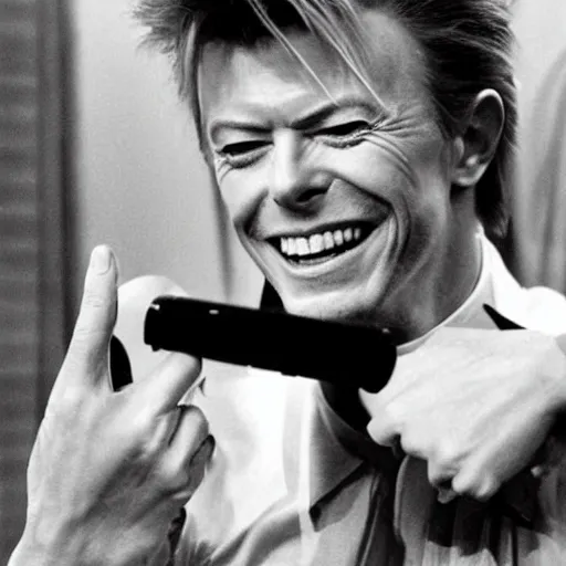 Prompt: david bowie in heaven, laughing at memes about himself on a laptop