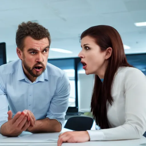 Image similar to a stock photo of shark-faced humans arguing in an office