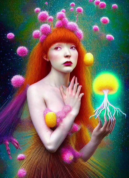 Image similar to hyper detailed 3d render like a Oil painting - kawaii fullbody standing portrait Aurora (auburn haired Singer Weaslwaif) seen Eating of the Strangling network of yellowcake aerochrome and milky Fruit and Her delicate Hands hold of gossamer polyp blossoms bring iridescent fungal flowers whose spores black the foolish stars by Jacek Yerka, Mariusz Lewandowski, Houdini algorithmic generative render, Abstract brush strokes, Masterpiece, Edward Hopper and James Gilleard, Zdzislaw Beksinski, Mark Ryden, Wolfgang Lettl, hints of Yayoi Kasuma, octane render, 8k