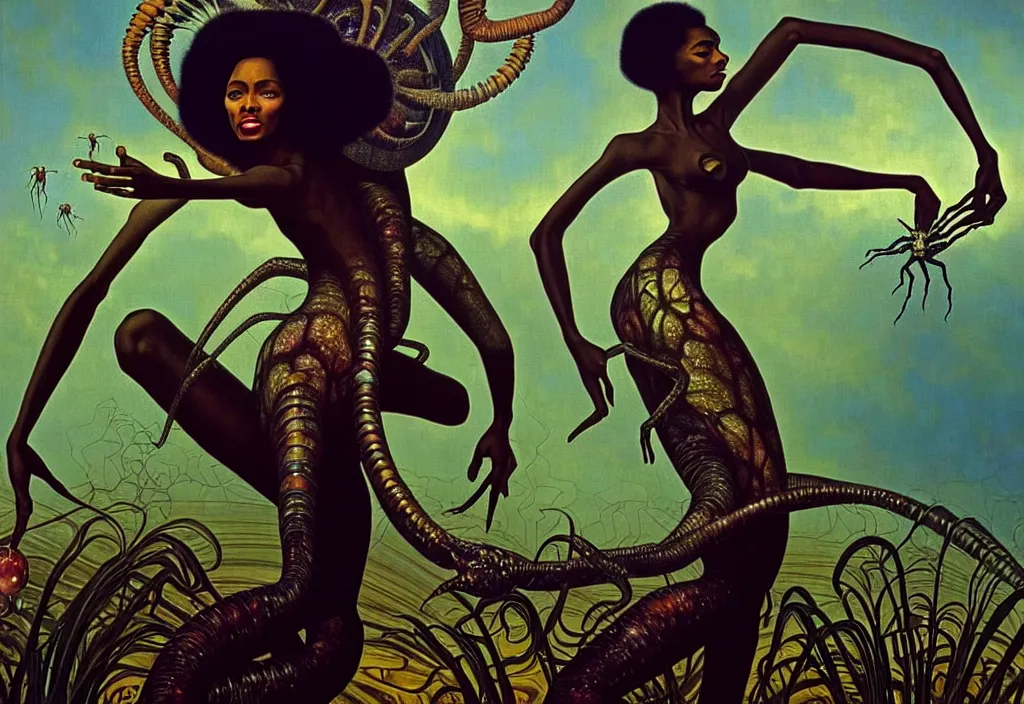 Image similar to realistic detailed portrait movie shot of a beautiful black woman dancing with a giant spider, futuristic sci fi landscape background by denis villeneuve, jean deville, yves tanguy, ernst haeckel, alphonse mucha, max ernst, caravaggio, roger dean, sci fi necklace, fashion, masterpiece, rich moody colours