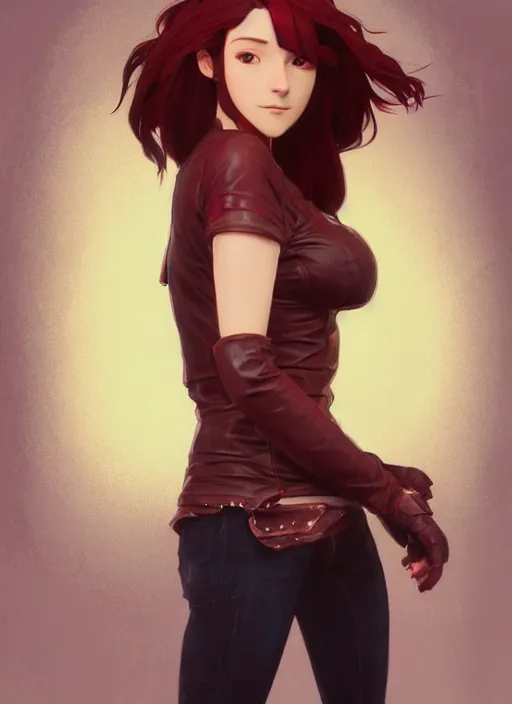 Image similar to pretty young woman with shoulder length shiny shimmering dark red hair and wearing worn leather jacket, concept art, t - pose, full body, path traced, highly detailed, high quality, digital painting, by studio ghibli and alphonse mucha, leesha hannigan, makoto shinkai, arcane