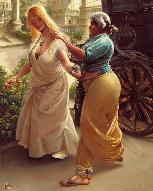 Image similar to Painting of a blonde lady pushing an obese indian lady in a wheelchair,real life skin, intricate, elegant, highly detailed, artstation, concept art, smooth, sharp focus, art by artgerm and greg rutkowski and alphonse mucha