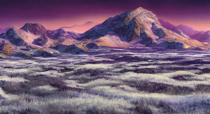 Prompt: A professional digital landscape painting of a vast wintery tundra with peaking mountains in the background, painted by Terese Nielsen, 4k, digital art, trending on cgsociety, highly detailed, upper body shot, shallow depth of field, purple and yellow lighting, professional lighting, airbrush,