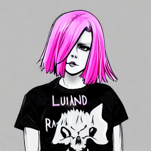 Image similar to full headshot portrait of Lana del ray punk, digital art, short pink hair, drawn by WLOP, by Avetetsuya Studios, anime manga panel, trending on artstation, wearing a plaid shirt