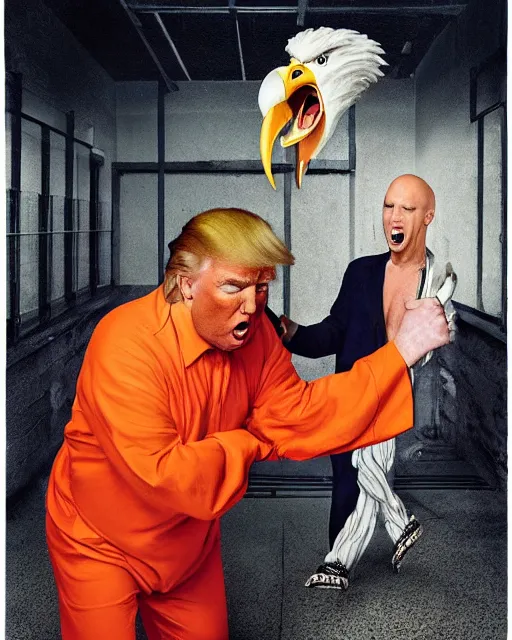 Prompt: Medium shot photo of scared Donald Trump in prison jail wearing orange pajamas with an American bald eagle attacking his head, Annie Leibowitz, octane, dramatic lighting, editorial photo, 35mm, very detailed