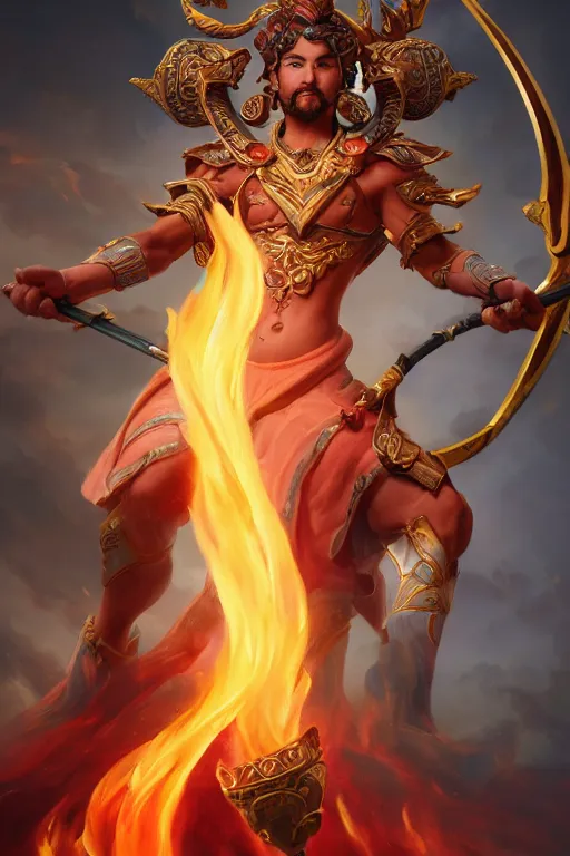 Image similar to a masterpiece portrait of nezha, legendary god holding spear and stand in flame, hero action pose, fantasy character portrait, closeup shot, hyper detailed, digital painting, 8 k realistic, trending on artstation, sharp focus, dof, by fenghua zhong, artgerm, ne zha from smite, tsuyoshi nagano, artgerm