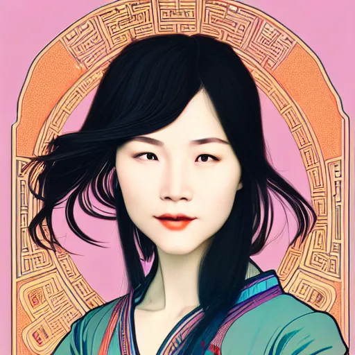 Prompt: portrait of a chinese woman, straight hair, chinese, laugh lines, glasses, wide shot, digital art, alphonse mucha, loish, art nouveau, 8 k, trending on artstation