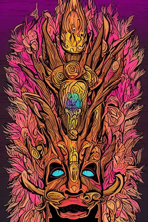 Image similar to animal mask totem roots flower tribal feather gemstone plant wood rock shaman vodoo video game vector cutout illustration vivid multicolor borderlands comics by josan gonzales and dan mumford radiating a glowing aura