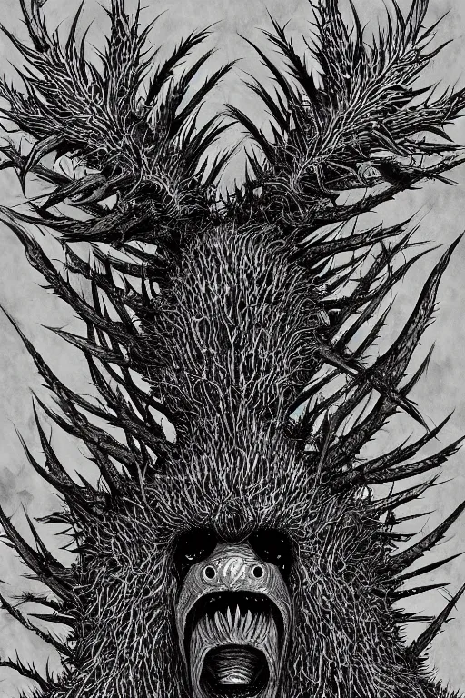 Image similar to thistle monster heavily armoured, symmetrical, highly detailed, digital art, needles, thorns, sharp focus, trending on art station, kentaro miura manga art style