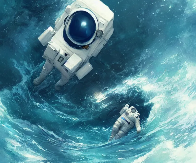 Image similar to an astronaut lost in the ocean,digital art,detailed,ultra realistic,art by greg rutkowski