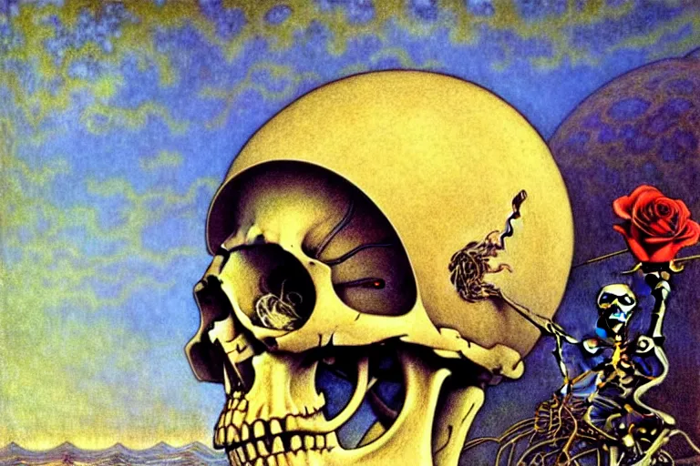 Image similar to realistic detailed portrait painting of a skeleton with a single rose wearing sci-fi helmet in a dystopian landscape by Jean Delville, Amano, Yves Tanguy, Alphonse Mucha, Ernst Haeckel, Edward Robert Hughes, Roger Dean, rich moody colours, blue eyes