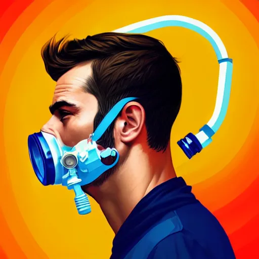 Image similar to a profile photo of a man with oxygen mask, side profile in underwater, highly detailed, digital painting, artstation, concept art, smooth, sharp focus, illustration by Sandra Chevrier