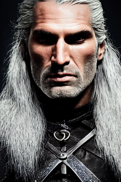 Prompt: portrait of geralt of rivia, 5 5 mm lens, professional photograph, times magazine, serious, stern look