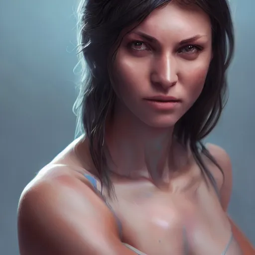 Image similar to a woman with muscles, digital art, photorealistic, unreal engine, 8 k resolution, artstation, beautiful face, pretty face, very detailed eyes, by wlop, greg rutkowski, simon bosley