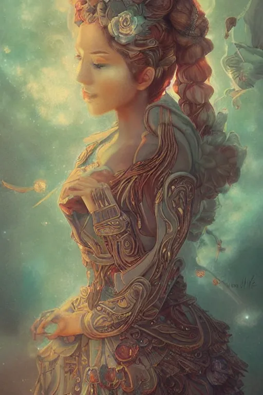 Image similar to intricate, amazing, retro vintage and romanticism, painting by natelle quek, soft color palette, cinematic, highly detailed, godess from space sci - fi of ancient religion