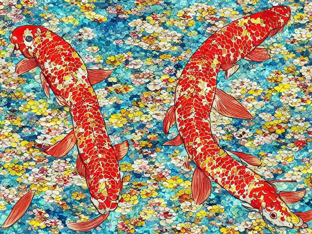 Image similar to breathtaking detailed concept art painting kaleidoscope of koi carp collage illustration pattern, 1 5 0 mm, tiny, small, miniature, short, cute and adorable, digital painting, highly detailed, intricate, elegant, artstation, concept art, colorful, beautiful, studio ghibli, aoshima chiho, takashi murakami, manga, cute and adorable